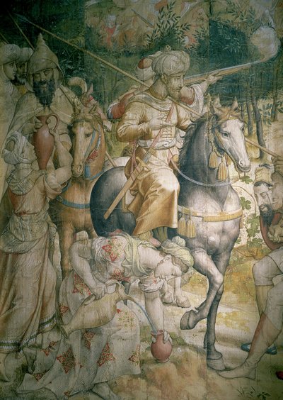 Kampania cesarza Karola V przeciwko Turkom pod Tunisem w 1535 r.: klęska Turków w bitwie pod Golettą, fragment kawalerii gaszącej pragnienie, rysunek węgla drzewnego do gobelinu i toaleta autorstwa Jan Cornelisz Vermeyen