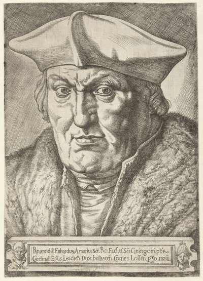 Portret Erarda de la Marcka, księcia-biskupa Liège Reerendill Euhardus Amarka ... bulliacen Comes Lossen (tytuł na obiekcie) autorstwa Jan Cornelisz Vermeyen