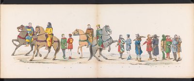 Maskarada uczniów Leiden, 1865 (tablica 10) Procesja w kostiumach zorganizowana przez członków korpusu studenckiego w Leiden w dniu 6 czerwca 1865 r. z okazji 290. rocznicy Leidsche Hoogeschool, przedstawiająca: wjazd Holendrów b autorstwa Jan Daniël Cornelis Carel Willem baron de Constant Rebecque