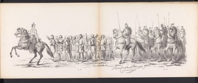 Maskarada uczniów Leiden, 1865 (tablica 15) Procesja w kostiumach zorganizowana przez członków korpusu studenckiego w Leiden w dniu 6 czerwca 1865 r. z okazji 290. rocznicy Leidsche Hoogeschool, przedstawiająca: wjazd Holendrów b autorstwa Jan Daniël Cornelis Carel Willem baron de Constant Rebecque