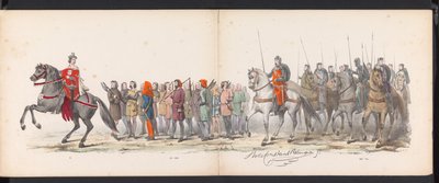 Maskarada uczniów Leiden, 1865 (tablica 15) Procesja w kostiumach zorganizowana przez członków korpusu studenckiego w Leiden w dniu 6 czerwca 1865 r. z okazji 290. rocznicy Leidsche Hoogeschool, przedstawiająca: wjazd Holendrów b autorstwa Jan Daniël Cornelis Carel Willem baron de Constant Rebecque