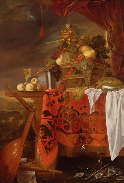 Kosz Mieszanych Owoców z Pozłaconym Kubkiem, Srebrnym Kielichem, Nautilusem, Kieliszkiem i Brzoskwiniami na Talerzu autorstwa Jan Davidsz de Heem