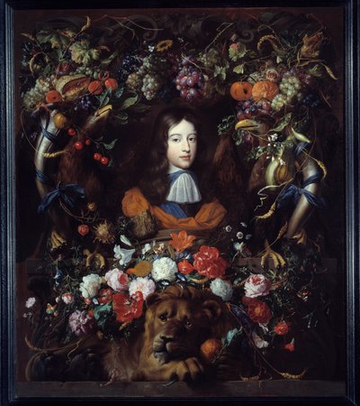Portret Wilhelma III Orańskiego (1650-1702) w medalionie z kwiatów Obraz Jana Davida Heema (1606-1684) 1665 nd. 1,34x1,14 m Lyon, Muzeum Sztuk Pięknych autorstwa Jan Davidsz de Heem