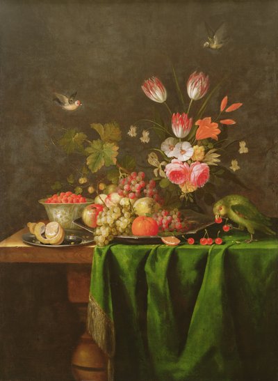 Martwa natura z owoców i kwiatów z papugą na stole przykrytym zielonym płótnem (szczegóły patrz 100412) autorstwa Jan Davidsz de Heem