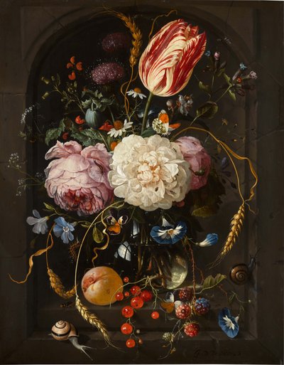 Martwa natura kwiatów w szklanym wazonie z owadami i owocami w kamiennej niszy autorstwa Jan Davidsz. de Heem