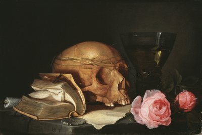 Martwa natura Vanitas z czaszką, książką i różami - Martwa natura Vanitas z czaszką, książką i różami, autor: Heem, Jan Davidsz. z autorstwa Jan Davidsz de Heem