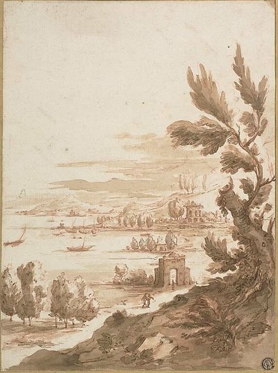 Widok ze wzgórza z widokiem na port autorstwa Jan Frans van Bloemen