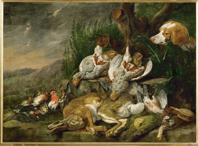 Zające i ptactwo obserwowane przez psa (obraz na płótnie) autorstwa Jan Fyt