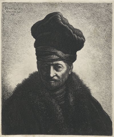 Popiersie mężczyzny w futrzanej czapce Tronies wg Rembrandta (tytuł serii) autorstwa Jan Gillisz. van Vliet