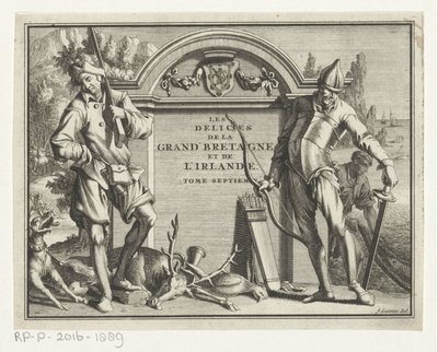 Twee jagery do oprawy architektonicznej Titelpagina voor: James Beeverell, Uroki Wielkiej Brytanii i Irlandii, tom siódmy, 1707 autorstwa Jan Goeree (possibly)