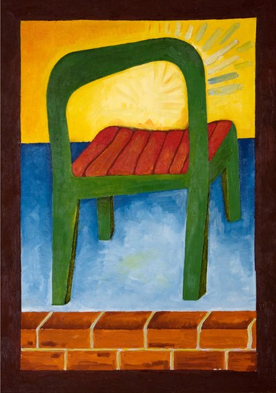 Krzesło w powietrzu, 2005 (olej na drewnie) autorstwa Jan Groneberg