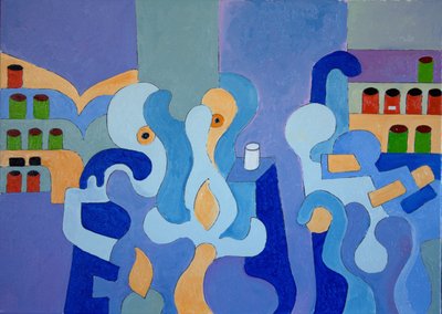Wewnątrz apteki, 2009 (olej na płótnie) autorstwa Jan Groneberg