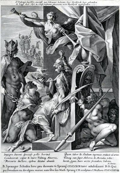 Merkury i Minerwa uzbrajają bohatera w skórę byka i wieniec laurowy, 1604 autorstwa Jan Harmensz Muller