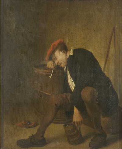 Mężczyzna śpi (olej na panelu) autorstwa Jan Havicksz (school of) Steen