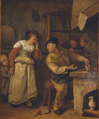 Złotnik przetapiający kobiecą biżuterię w obecności notariusza: Alchemik, ok. 1668-70 (olej na płótnie) autorstwa Jan Havicksz. Steen