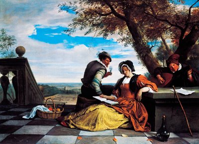 Dwóch mężczyzn i młoda kobieta muzykujących na tarasie autorstwa Jan Havicksz. Steen