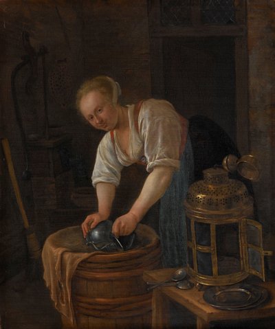 Kobieta szoruje wyroby metalowe autorstwa Jan Havicksz. Steen
