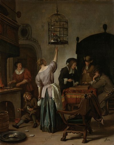 Wnętrze z kobietą karmiącą papugę, znaną jako „klatka dla papug”, ok. 1660-70 (olej na płótnie na panelu) autorstwa Jan Havickszoon Steen