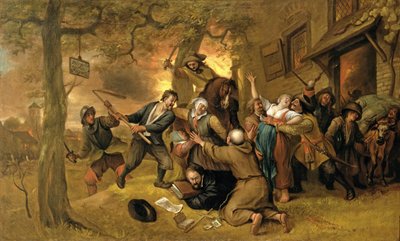 Chłopi i żołnierze przed tawerną – alegoria gwałtu na Niderlandach autorstwa Jan Havickszoon Steen