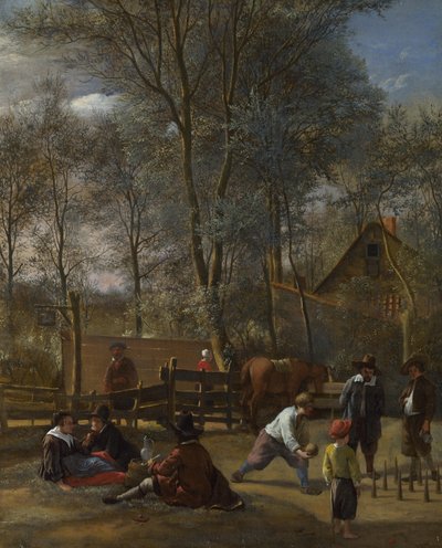 Gracze w kręgle przed karczmą, ok. 1660-63 autorstwa Jan Havickszoon Steen