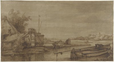 Widok żeglarski z farmą i leżącą barką autorstwa Jan Hulswit (possibly)