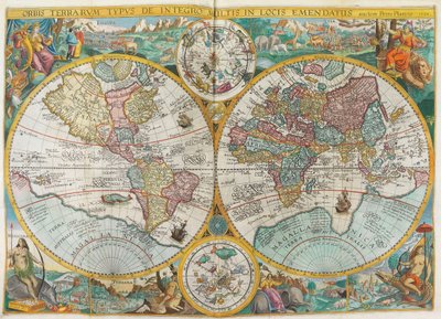 Itinerarium. Mapa świata z kostiumami, tubylcami, statkami, roślinami i zwierzętami, 1644. autorstwa Jan Huygen van Linschoten