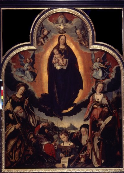 „La Vierge en Gloire” (Gloryfikacja Dziewicy) Wśród postaci otaczających Dziewicę i Jezusa Chrystusa: Król Dawid grający na harfie, cesarz rzymski August (Caius Julius Caesar Octavianus Augustus) (63 p.n.e.-14 n.e.), prorocy autorstwa Jan II Provost