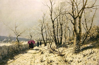 Śnieżny zimowy dzień z postaciami na ścieżce (olej na płótnie) autorstwa Jan Jacob Lodewiks Ten Kate