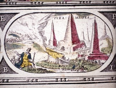 Reprezentacja siedmiu cudów starożytności: piramid w Egipcie. w Atlasie Janssona Janssoniusa wydrukowanym w Amsterdamie w 1630 r. Zbiory prywatne. autorstwa Jan Janssonius