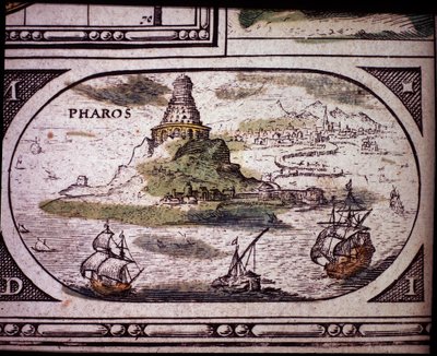 Reprezentacja siedmiu cudów starożytności: latarnia morska w Aleksandrii. w Atlasie Janssona Jannsoniusa wydrukowanym w Amsterdamie w 1630 r. autorstwa Jan Janssonius