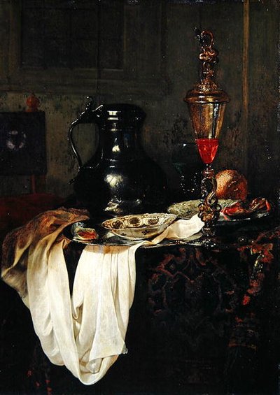 Martwa natura z blaszanym kuflem i kielichem z pokrywką (olej na dębowym panelu) autorstwa Jan Jansz Treck