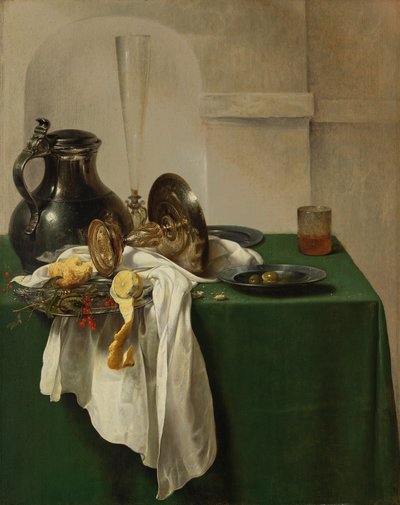 Pewter Jug i srebrna Tazza na stole autorstwa Jan Jansz den Uyl
