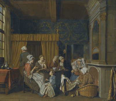 Rodzina pijąca herbatę podczas narodzin bliźniąt autorstwa Jan Josef Horemans the Younger