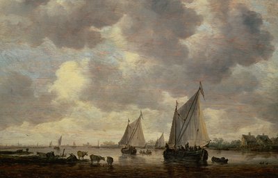 Kanał w Holandii, czyli dwa duże żaglowce i bydło w pobliżu rzeki autorstwa Jan Josephsz van Goyen