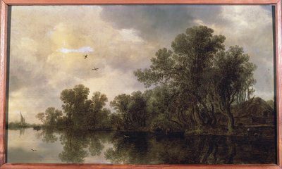 Zalesiony krajobraz rzeczny, chłopi w łódce wiosłowej przy chacie i promie, w oddali żaglówka, 1633 autorstwa Jan Josephsz van Goyen