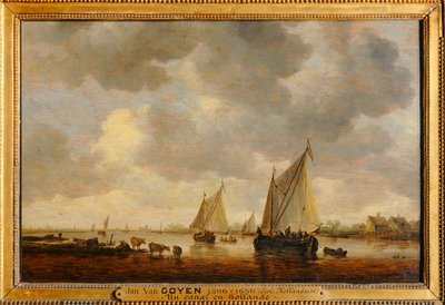 Deux grandes barques à voiles sur un fleuve et bestiaux près de la rive - Dwie duże żaglówki na rzece i zwierzęta na brzegach ... autorstwa Jan Josephsz van Goyen