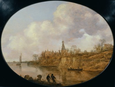 Trzech rybaków ciągnących sieć i kosze na brzegu rzeki Krajobraz z zamkiem i wioską w oddali autorstwa Jan Josephsz van Goyen