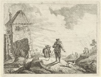 Dwóch rolników z psem na wiejskiej drodze autorstwa Jan Lauwryn Krafft (I) (possibly)