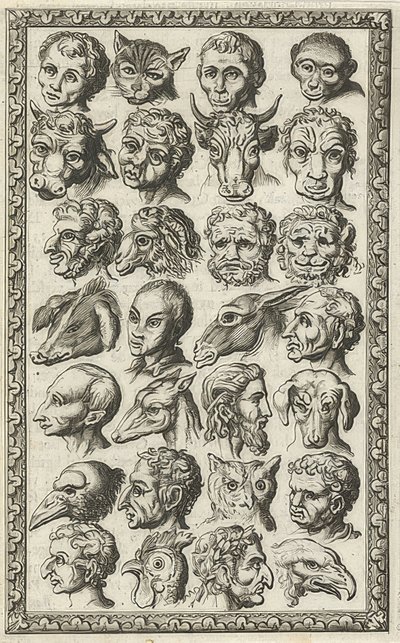 28 głów ludzi i zwierząt (28 koppen van mensen en dieren). 1682 autorstwa Jan Luyken