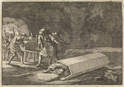 Służby pogrzebowe w Rzymie widzą, że Antonio Marlini, którego pochowali w krypcie kilka dni wcześniej, musiał być najwyraźniej martwy, 1696 autorstwa Jan Luyken
