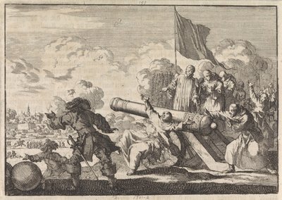 Oblężenie Groningen, w którym armata jest błogosławiona przez sześciu mnichów, 1672 autorstwa Jan Luyken
