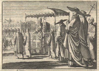 Chrystian IV, król Danii, przebrany za papieża, naśladuje procesję ze swoimi dworzanami, 1596 autorstwa Jan Luyken
