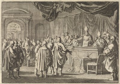 Reformowany na Węgrzech przed sądem biskupów i innych romanistów, 1670 autorstwa Jan Luyken