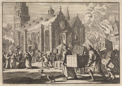 Mieszkańcy Spires w dobrej wierze przynoszą swoje meble do katedry, gdzie są następnie palone przez francuskiego generała Monclara, 1689 autorstwa Jan Luyken