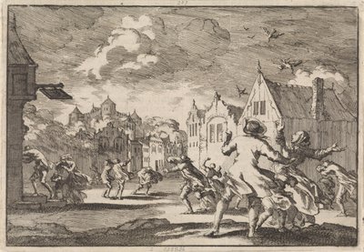 Mieszkańcy wsi w pobliżu zamku Luchow w Lüneburgu zostają porwani przez trąbę powietrzną, która powoduje, że ptaki spadają martwe z nieba, 1671 autorstwa Jan Luyken