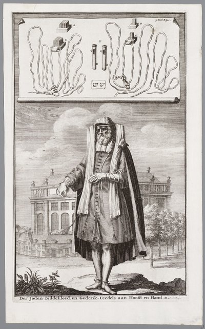 Żyd ubrany do modlitwy. W tle portugalska synagoga w Amsterdamie autorstwa Jan Luyken