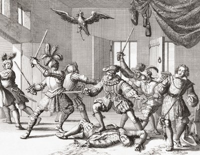 John i Alexander Ruthven, próbujący porwać lub zabić Jakuba VI ze Szkocji autorstwa Jan Luyken