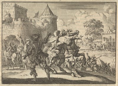 Wódz cesarski Dampier spada z konia po strzale z murów Presburga (Bratysława), 1620 autorstwa Jan Luyken