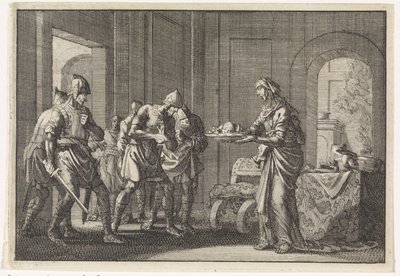 Matka pokazuje wojownikom szczątki jej zjedzonego dziecka podczas głodu w Jerozolimie 1704 r. autorstwa Jan Luyken