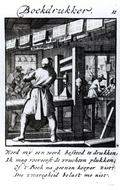 The Book Printer, z książki handlowej „Coś dla wszystkich” Abrahama van St. Clary, 1736 (rycina) autorstwa Jan Luyken